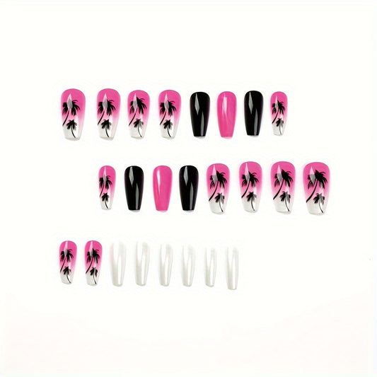 24pcs Press On Ballet Nails for Women & Girls, Middle-Length Full Cover Fake Nail Set with Glossy Finish, Black & Fair Gradient with Palm Tree Art Design