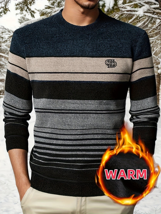 Men's Stylish Striped Sweater with Embroidered Lettering - Cozy Fleece-Lined, Color Block Design for Winter Warmth & Casual Outdoor Wear