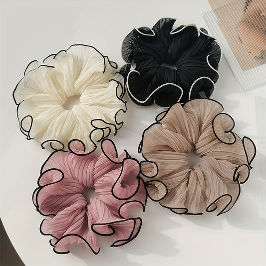 4-Piece Set Chic Fabric Scrunchies Elegant Minimalist Solid Color Pleated Hair Ties for Women, Fashionable Hair Ring Elastics Suitable for Daily Wear, 14+ Age Group