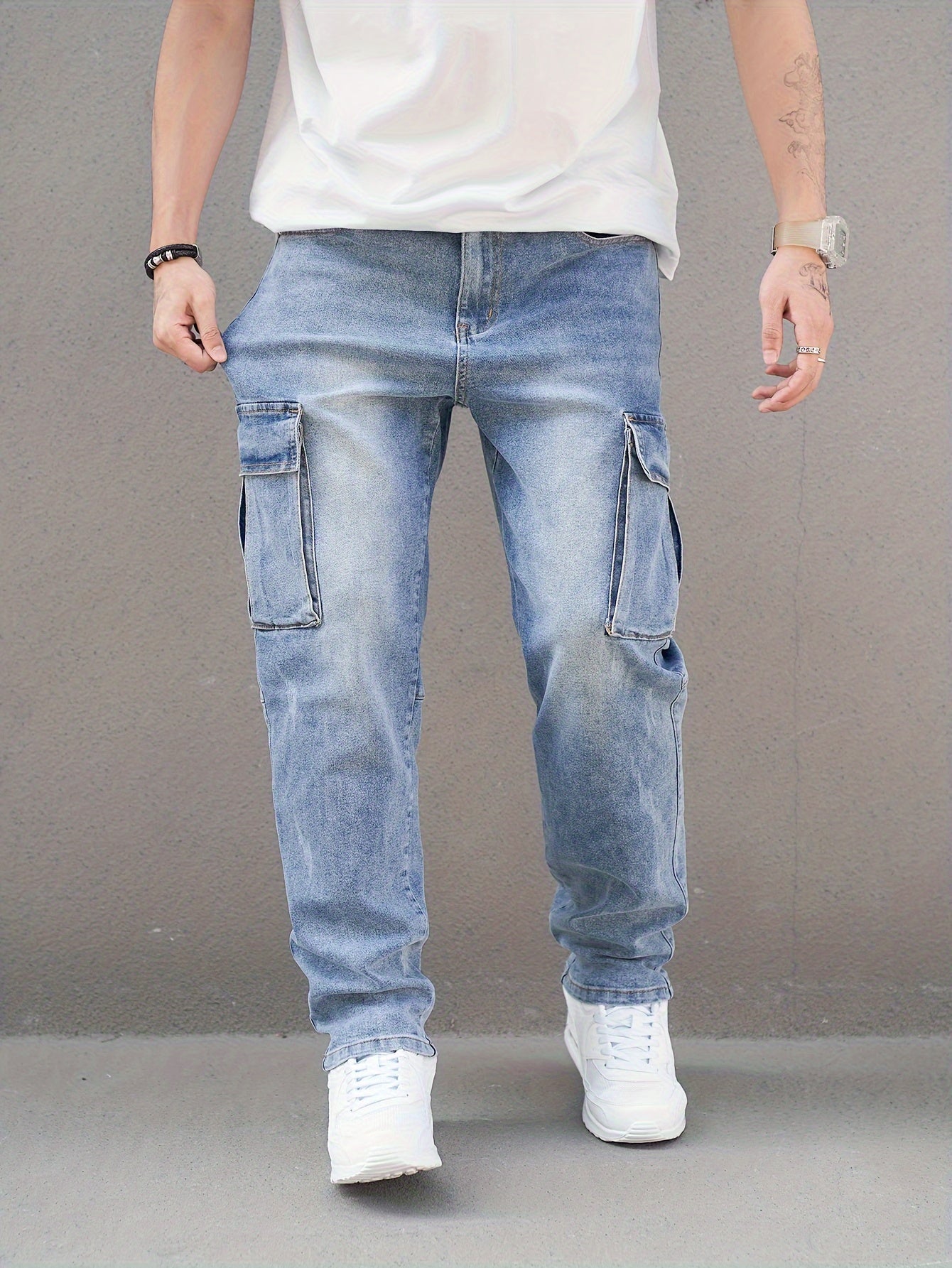 Men's Solid Denim Pants With Multi Pockets, Causal Cotton Blend Slim-fit Jeans For Spring Fall Outdoor Activities