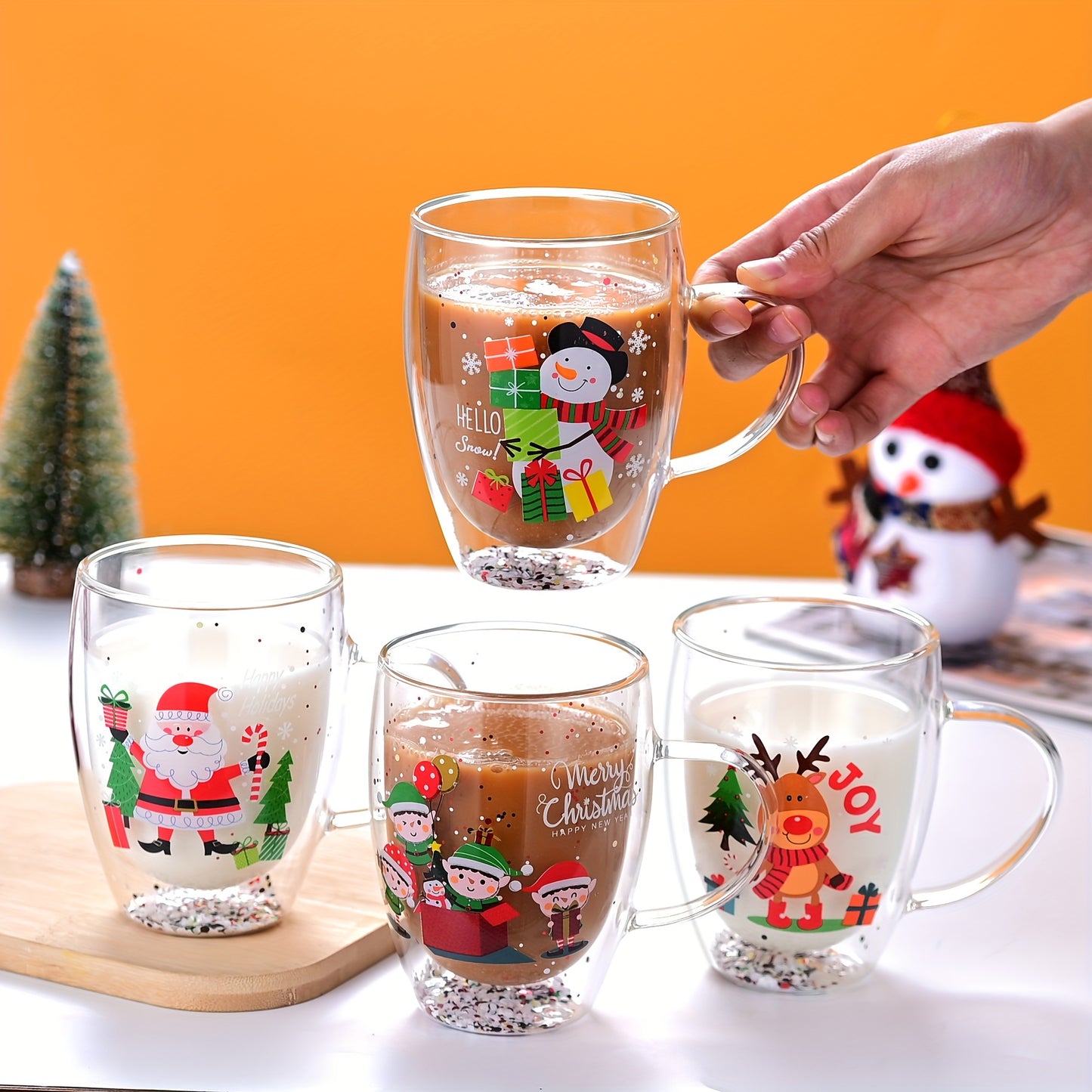 Christmas Glass Coffee Mug Set - 11.83oz, Reusable, Lead-Free, Recyclable, Round, Multipurpose, Machine Washable, Anti-Scald, Heat-Resistant, Dishwasher Safe - Santa, Reindeer, Snowman Designs - Ideal Holiday Gift (1pcs)