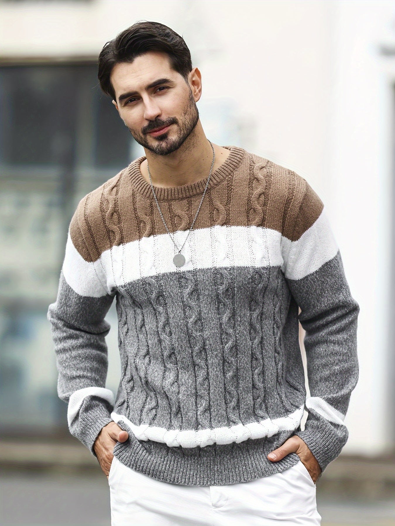 Men's Knit Pullover Sweater In Color Block Design – Crew Neck Long Sleeve Sweater For Fall/Winter