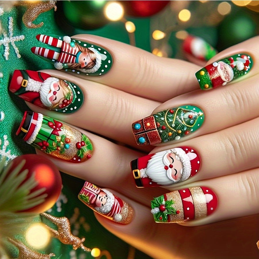 24pcs Christmas Press-On Nails Set - Cute Cartoon Santa & Snowflake Designs, Medium Square Shape, Glossy Finish in Red/Green with Jelly Adhesive Tabs & Nail File Included, for Christmas