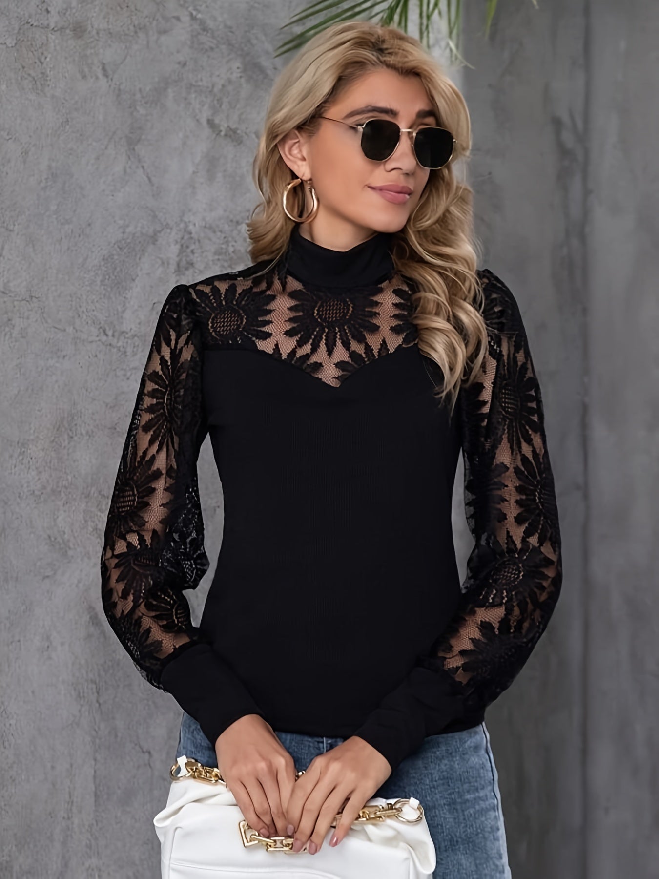 Contrast Lace Mock Neck T-Shirt, Elegant Long Sleeve Top For Spring & Fall, Women's Clothing