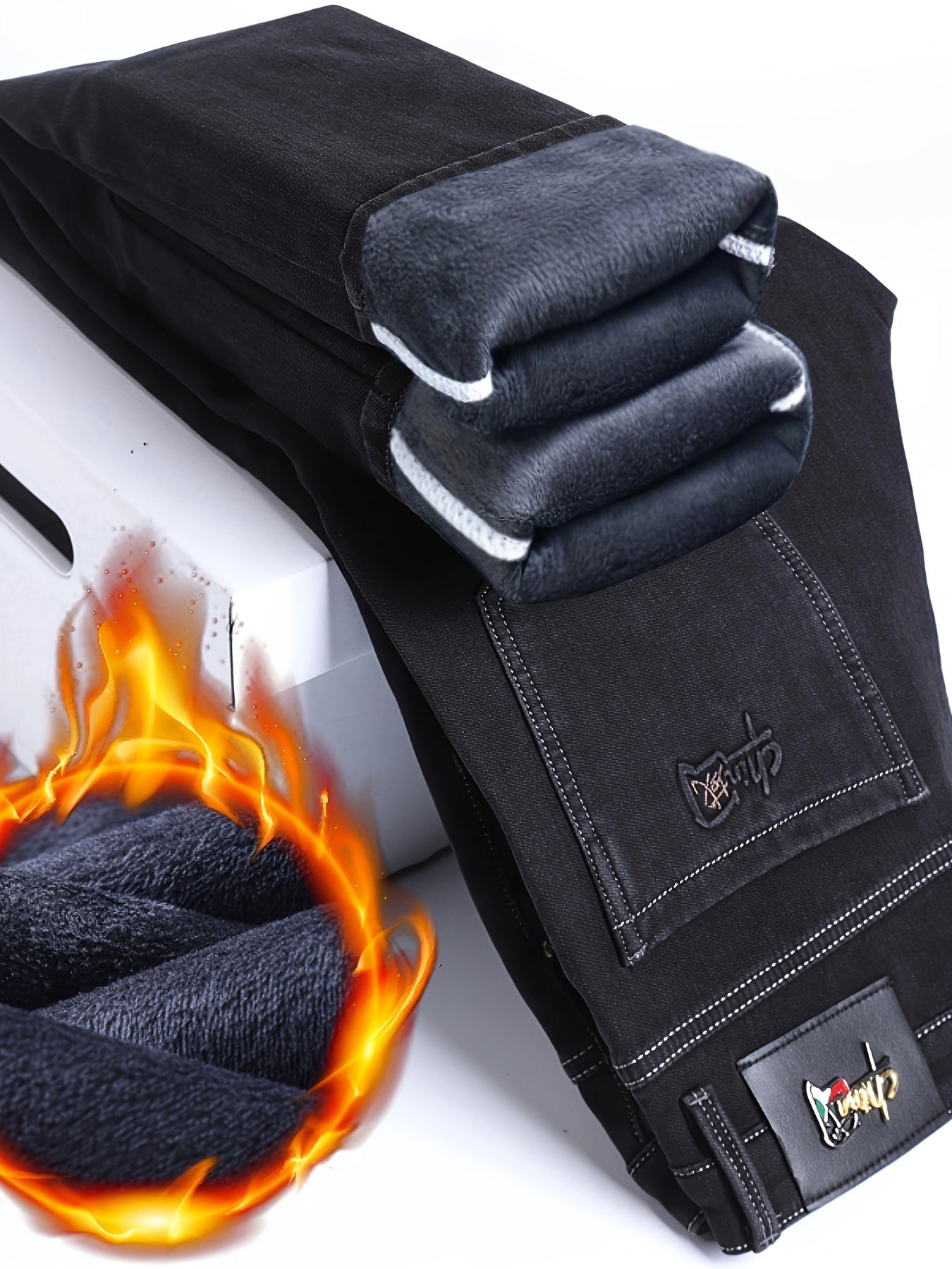 Men's Warm Fleece-Lined Jeans - Winter Thick, Straight Leg Denim Pants for Business Casual