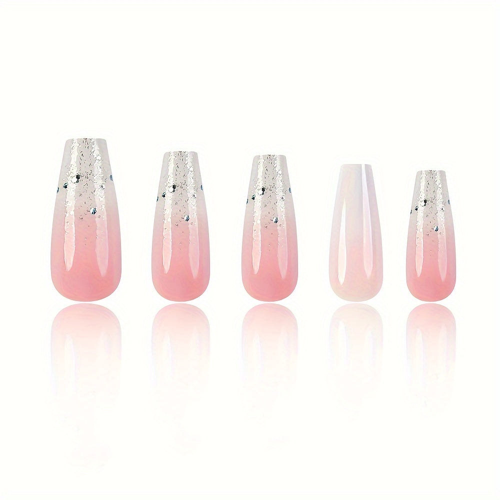 24pcs Set of Long Ballerina Press-On Nails in Pink Gradient with Sparkling Glitter - Glossy Finish, Perfect for Hands & Feet Care