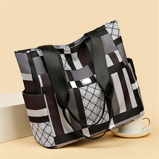Geometric Tote Bag, Lightweight, Secure Zipper Closure, Multi-Pocket Organizational Design, Ideal For School, Work, And Travel