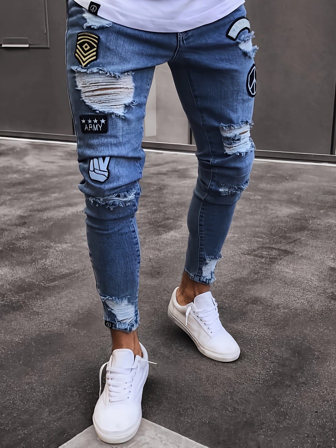 Men's Casual Skinny Fit Jeans, Ripped & Patchwork Embroidered Design, Men's Versatile Street Style Denim Pants For All Seasons