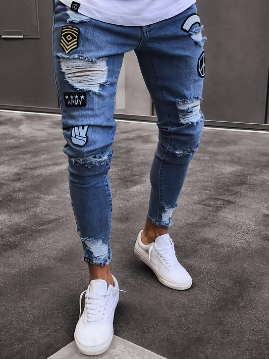 Men's Casual Skinny Fit Jeans, Ripped & Patchwork Embroidered Design, Men's Versatile Street Style Denim Pants For All Seasons