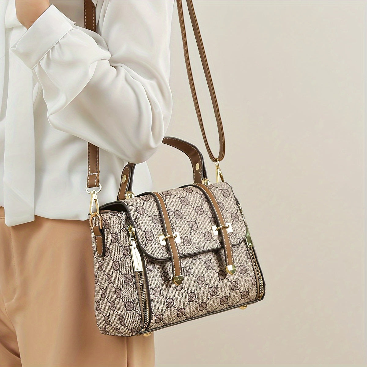 Vintage Elegant Pattern Shoulder Bag, Middle Aged Style Flap Top Handle Satchel Bag For Women