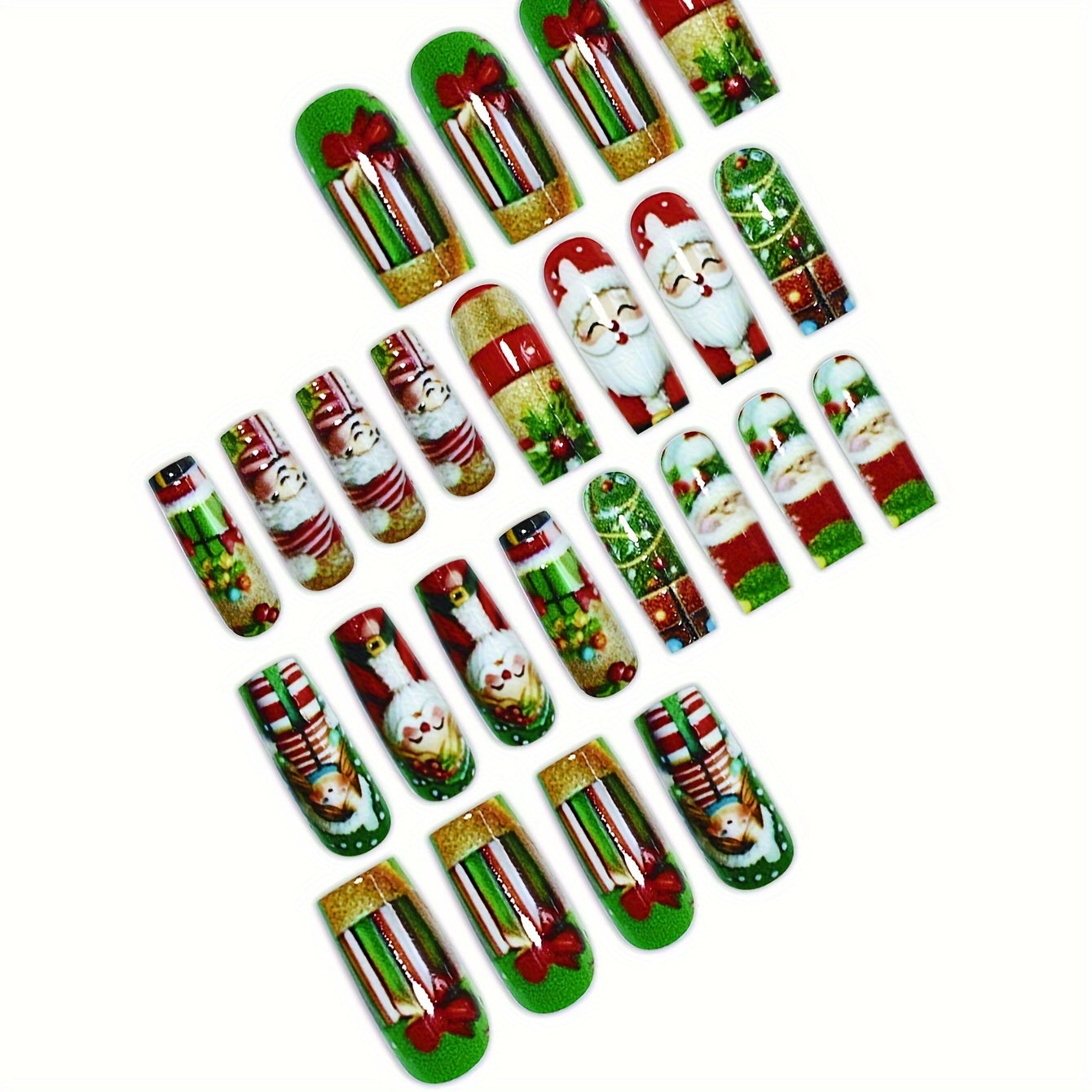 24pcs Christmas Press-On Nails Set - Cute Cartoon Santa & Snowflake Designs, Medium Square Shape, Glossy Finish in Red/Green with Jelly Adhesive Tabs & Nail File Included, for Christmas