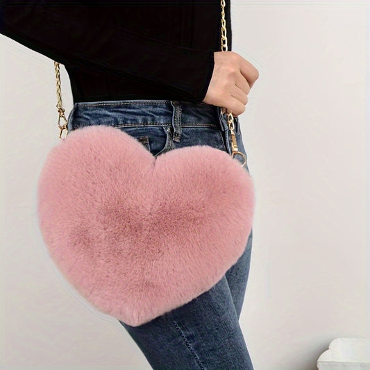 Chic Heart-Shaped Plush Crossbody Bag - Fashionable Zippered Shoulder Purse, Perfect Valentine's Gift for Her - Pink/Magenta