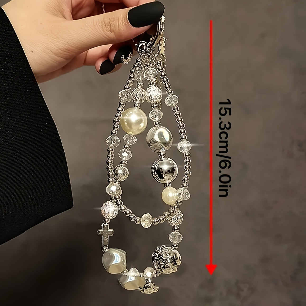 Luxury Fashion Personalized Phone Charm with Created Pearl and Alloy Chain - Sparkling Rhinestone Wristlet Short Strap for Trendy Women's Phone Case Accessory