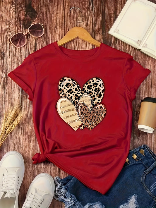 Elegant Crew Neck Short Sleeve T-Shirt for Women with Leopard Print Heart Applique - Polyester and Elastane Blend - Slight Stretch Knit Fabric Top for Spring/Summer/Fall