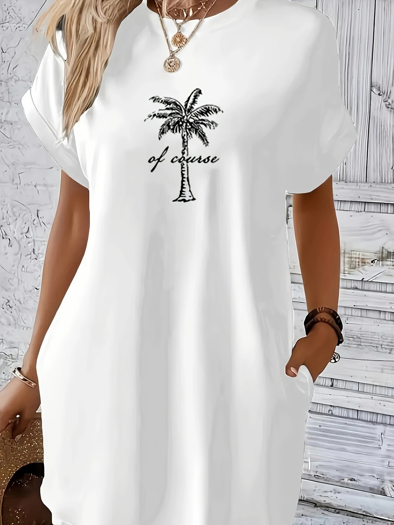 Letter & Coconut Tree Print Crew Neck Tee Dress, Casual Short Sleeve Dress For Spring & Summer, Women's Clothing