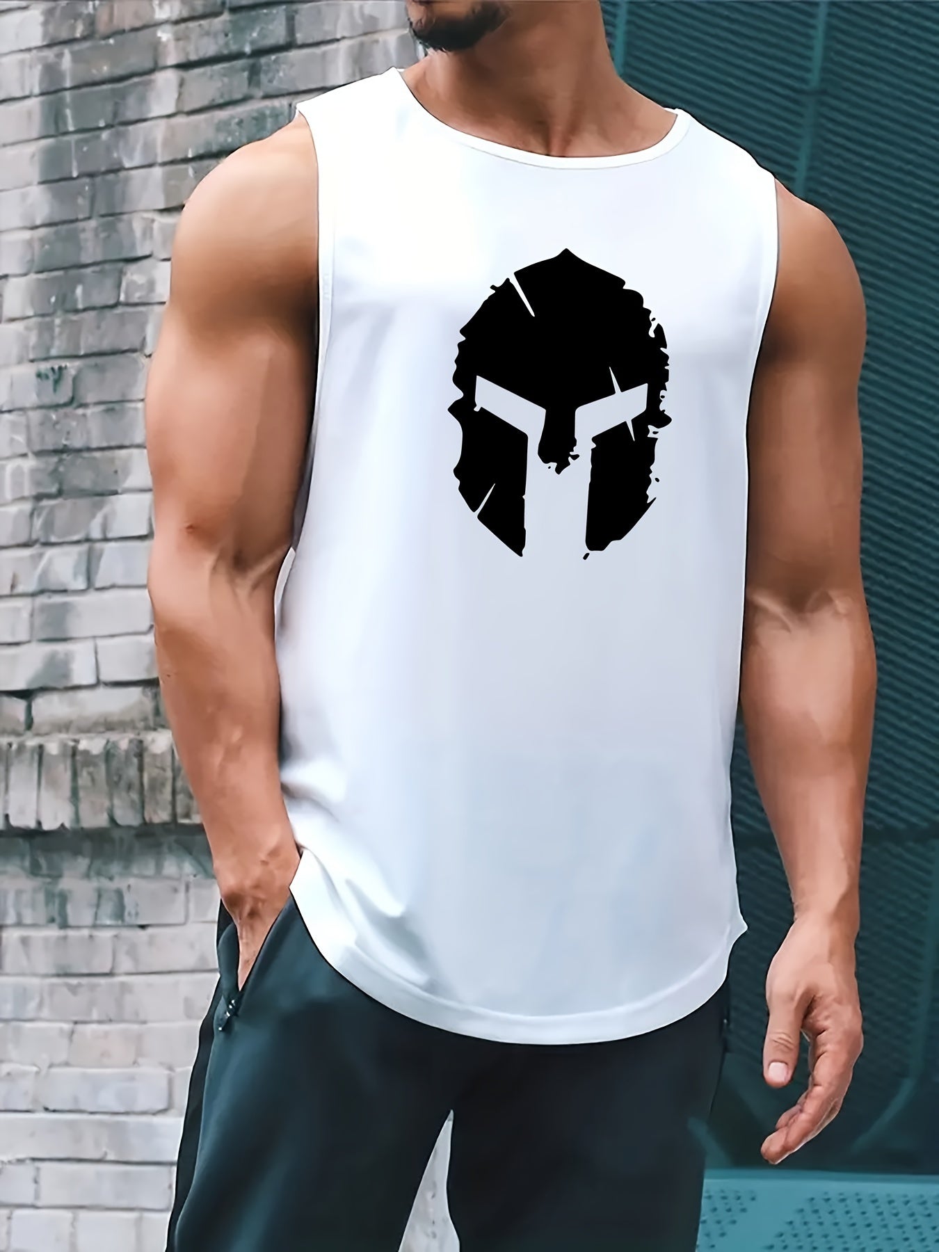 Helmet Print Casual Slightly Stretch Round Neck Tank Top, Men's Tank Top For Summer Outdoor Gym Workout