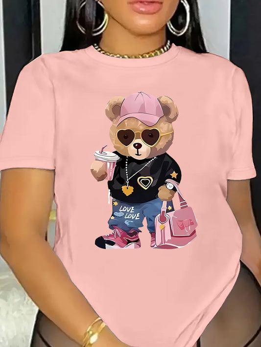 1pc Women'S Casual Cartoon Bear Print T-Shirt, Short Sleeve Round Neck Polyester Tee for All Seasons