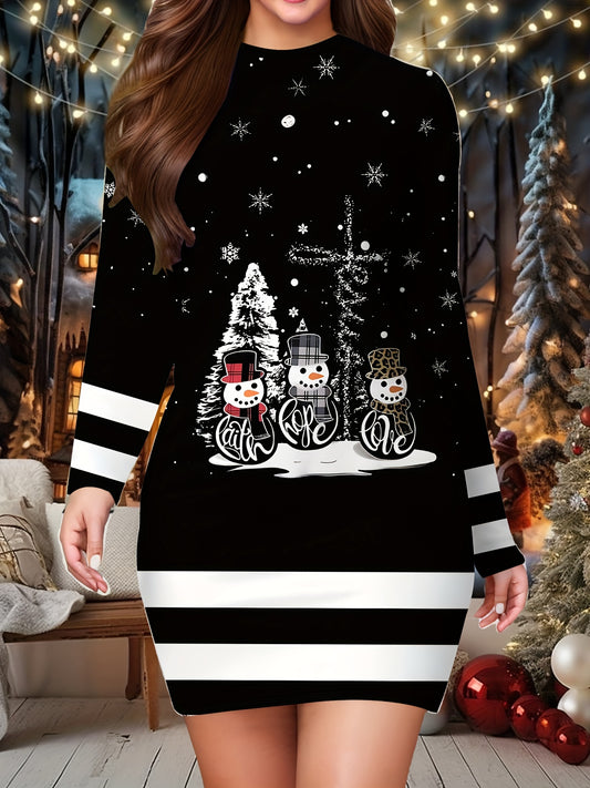 Charming Snowman Print Christmas Dress for Women - Casual Long Sleeve, Crew Neck, Bodycon Fit with Stretch Fabric