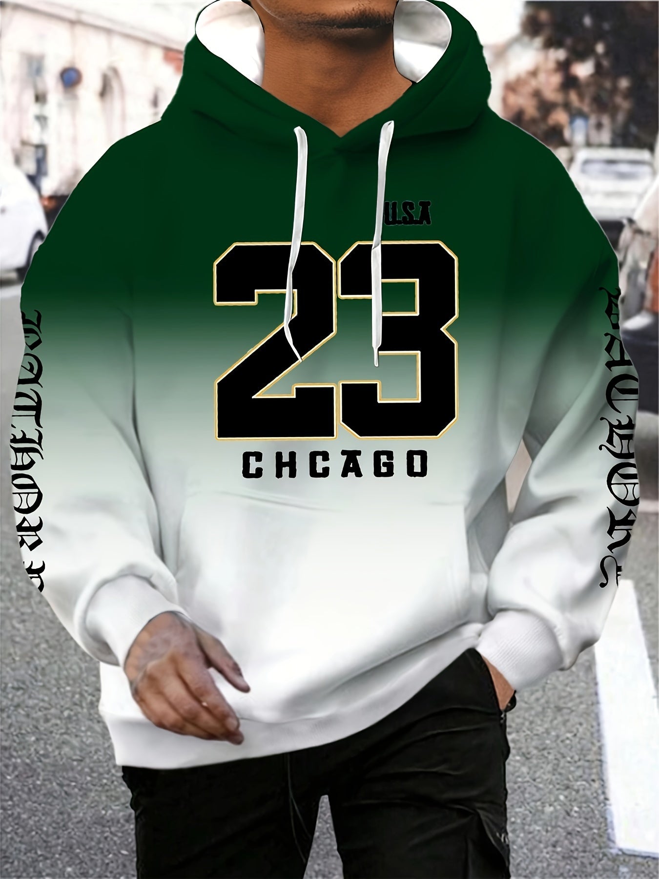 "CHICAGO #58.42cm Print Men's Gradient Hooded Sweatshirt With Kangaroo Pocket, Casual Pullover Tops For Spring Autumn