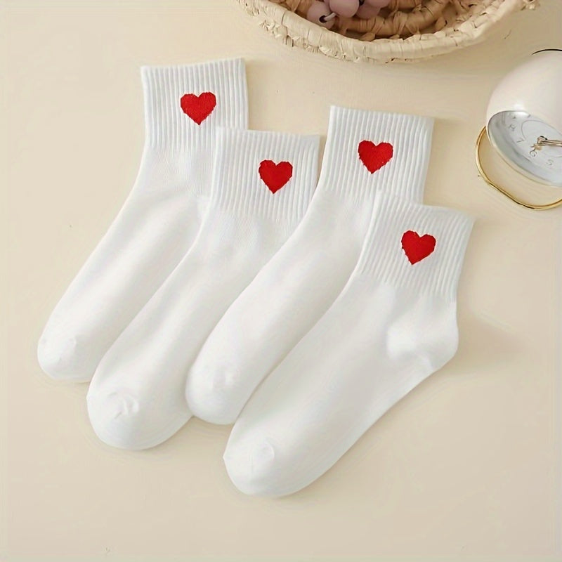 Hearts Pattern 5 Pairs Girl's Short Crew Socks, Breathable Comfy Casual Socks Fashion Socks