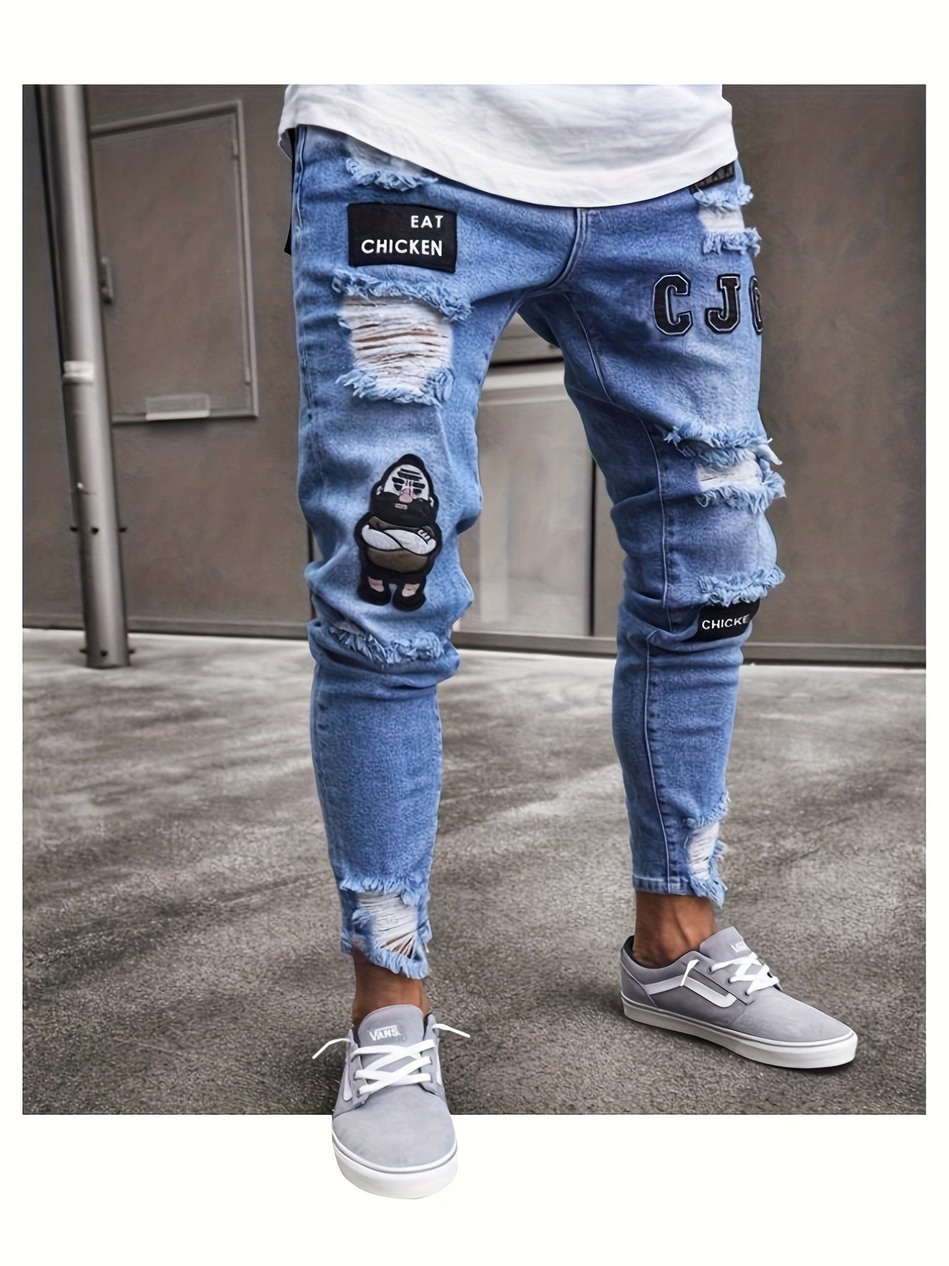 Men's Ripped Skinny Denim Pants With Chicken Letters Print, Outdoor Daily Life, Trend Casual Jeans