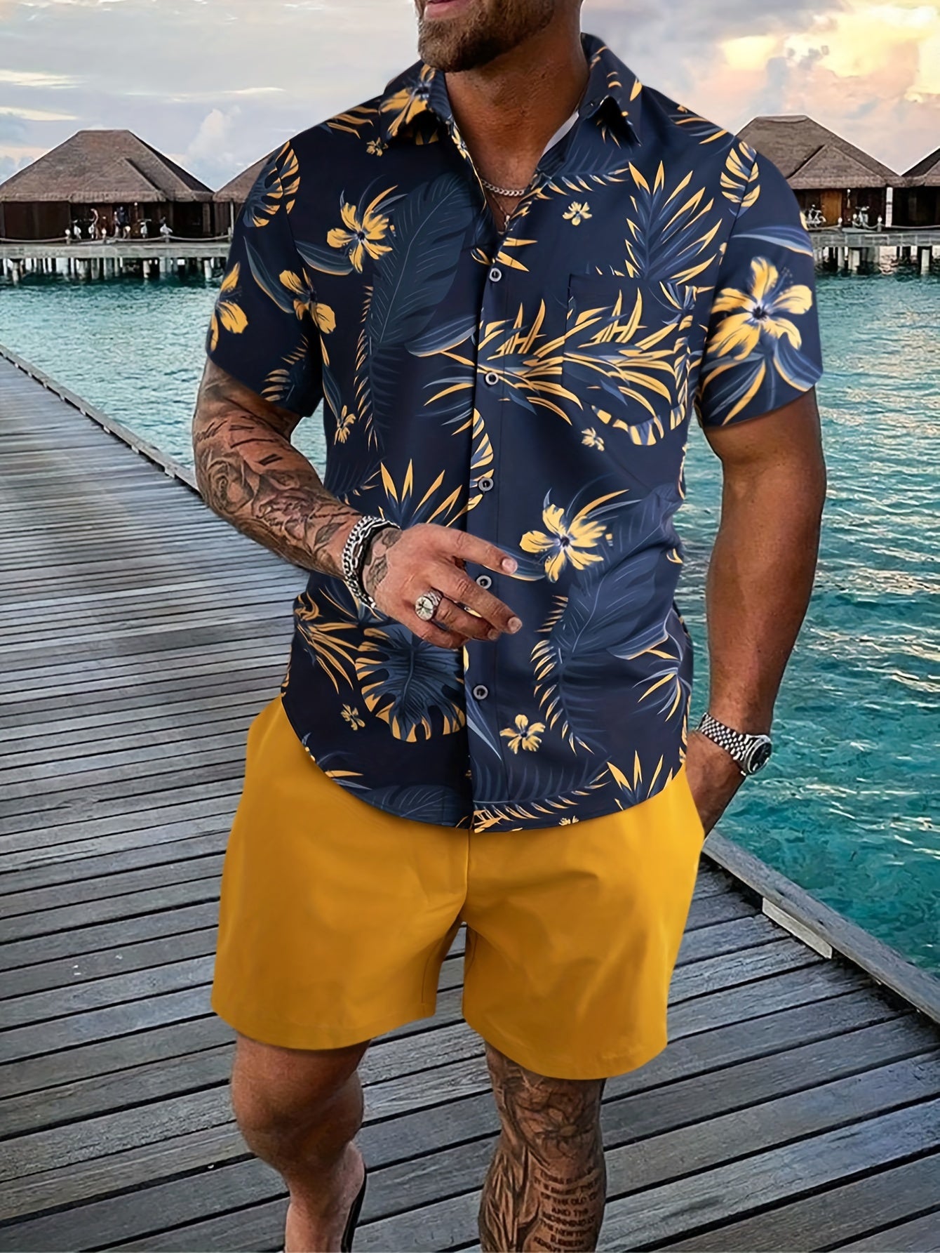 2-piece Men's Summer Outfit Set, Men's Short Sleeve Button Up Lapel Shirt & Solid Shorts With Pockets For Holiday Resort
