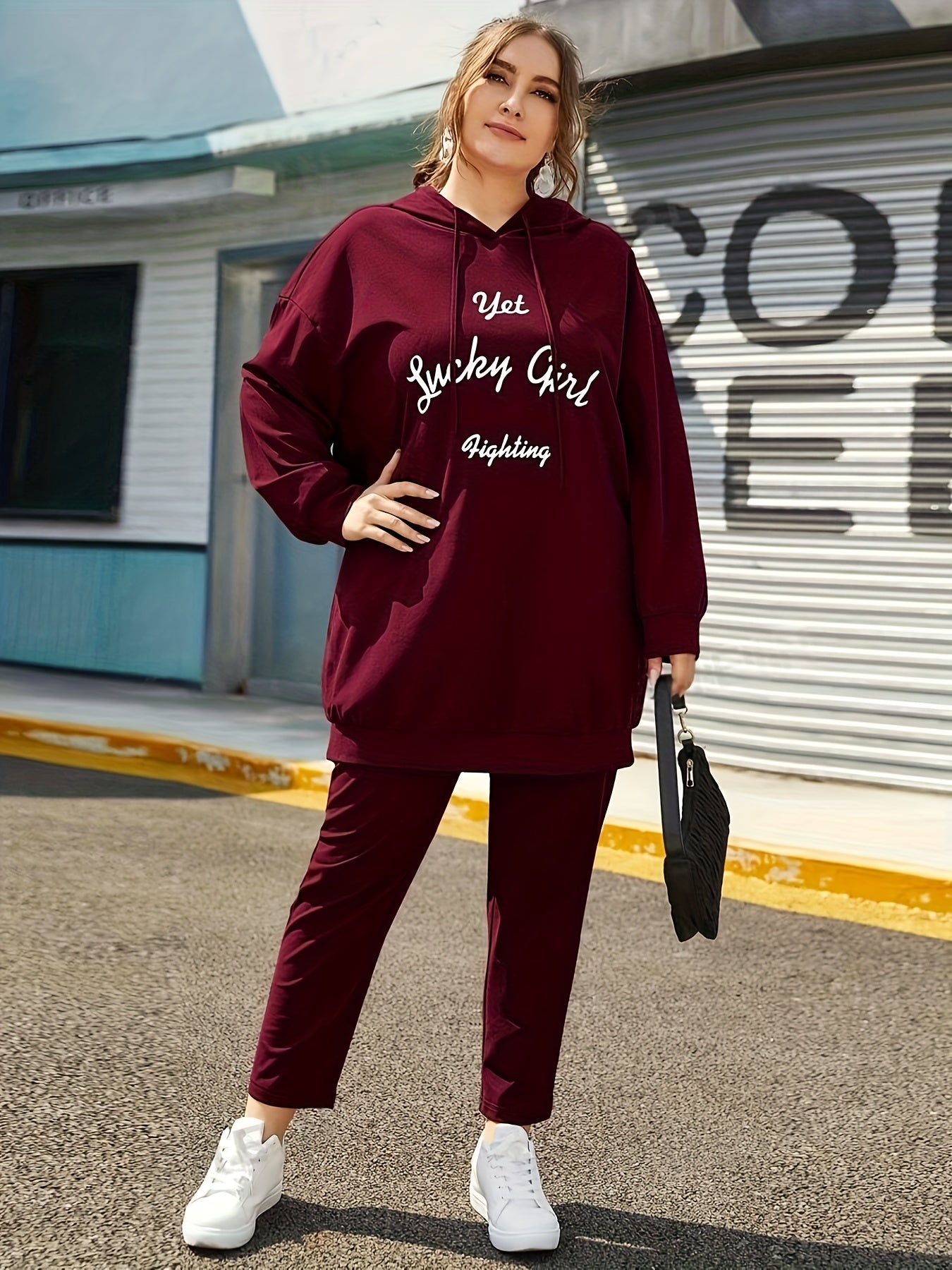 Women's Plus Size Casual Hoodie & Joggers Set with Letter Print, Drawstring Waistband - Machine Washable, for Autumn, Spring