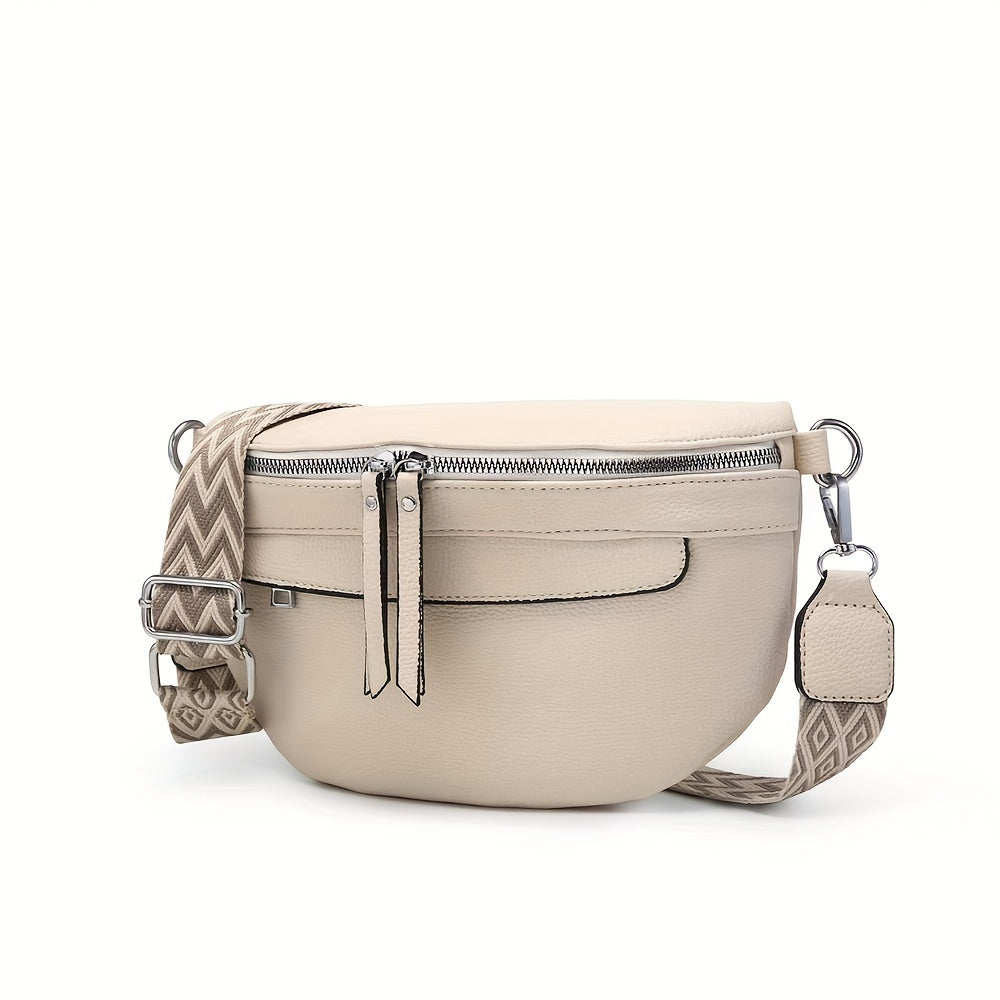 Soft Leather Crossbody Bag with Chevron Strap - PU Material, Zip Closure, and Vegan Pouch - Perfect for Everyday Carry