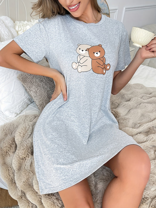 Bear Print Crew Neck Tee Dress, Casual Half Sleeve Dress For Spring & Summer, Women's Clothing