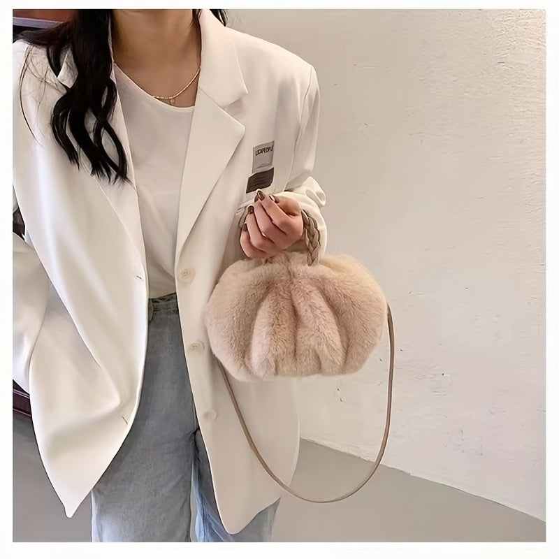 Plush Faux Fur Top-Handle Bag - Elegant Solid Color Crossbody Satchel, Versatile Autumn and Winter Fashion Shoulder Bag with Leather Lining and Secure Buckle Closure