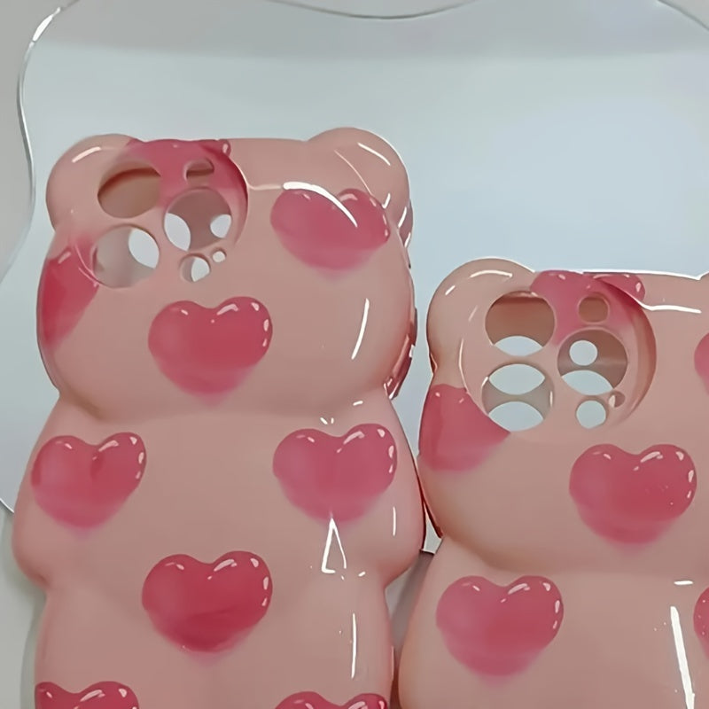 Pink Graffiti Heart Shape 3D Teddy Bear Iphone 15 Pro Max/14 Cute Cartoon Phone Case, Full Coverage Shockproof Protective Cover, Compatible with Iphone 11/12/13 Pro