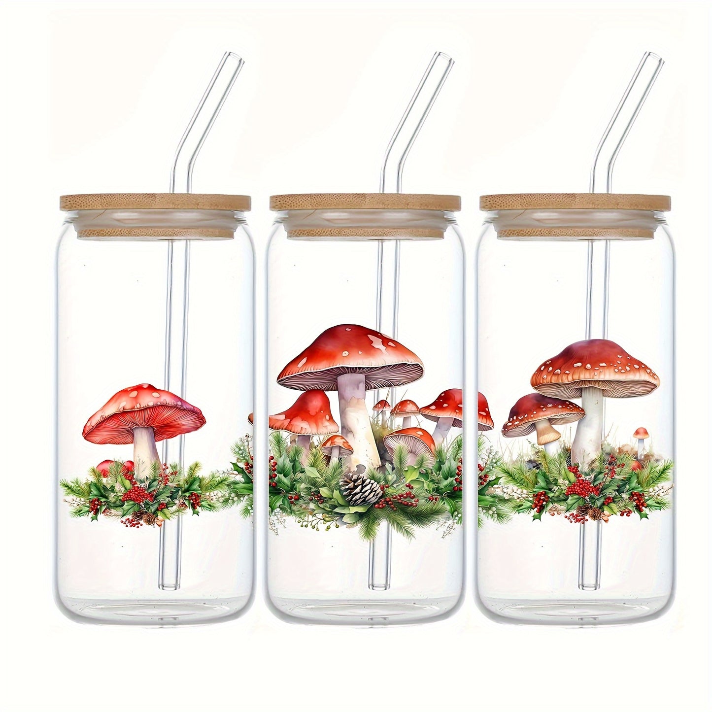 Mushroom Print 16oz Glass Tumbler with Bamboo Lid & Straw - Reusable, Washable Drinking Cup for Iced Coffee, Juice, and Cold Beverages - Perfect for Birthday, Christmas, Back to School Gifts