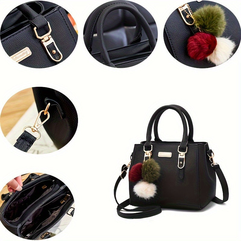 Chic Women's Faux Leather Handbag with Detachable Strap and Pom-Pom Charm - Versatile Solid Color Crossbody Bag