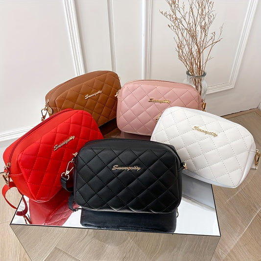 #228 Embroidery# Diamond Quilted Zipper Square Bag, Metal Letter Decoration Shoulder Bag, Fashionable Women'S Messenger Bag, Camera Leisure (20*6*12) Cm