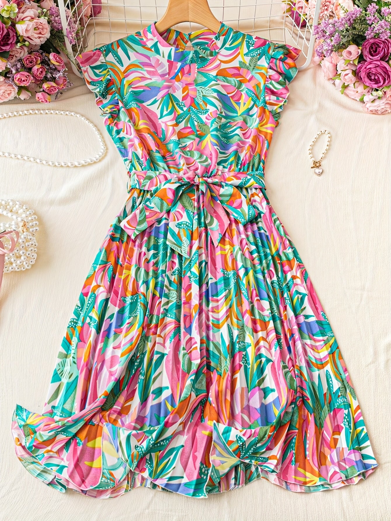 Elegante vestito a linea A con stampa floreale per donna, con design pieghettato e maniche a ruchino - Motivo tropicale vibrante, spalla scoperta, gamba a vita per primavera/estate/autunno, vestito primaverile/estivo | Vestito a linea A pieghettato | Det