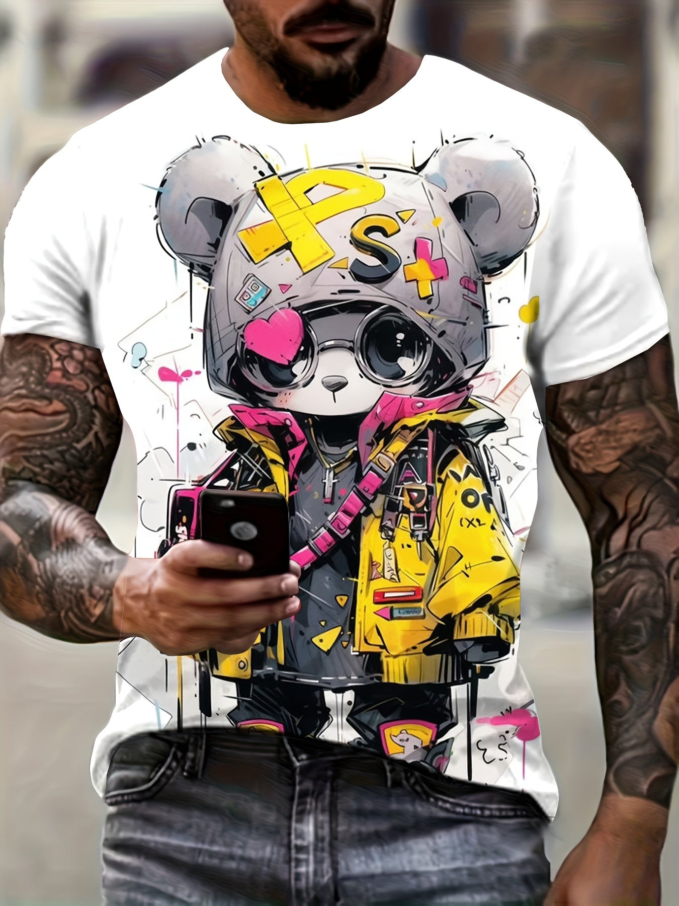 Summer Fashion Cool Bear Cartoon Print Crew Neck T-Shirt for Men - Casual Short Sleeve Polyester Top with Slight Stretch for Daily, Sports & Vacation