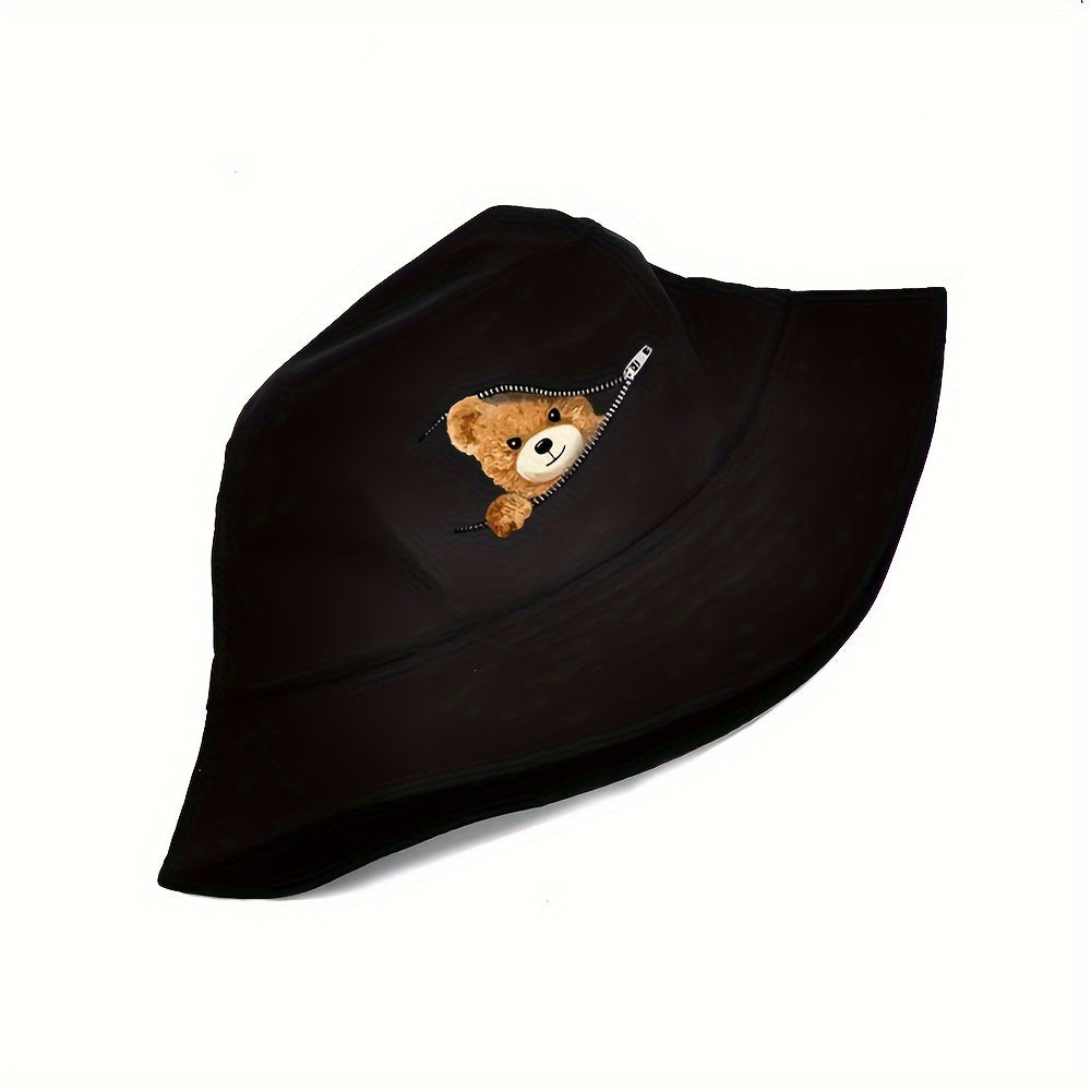 Sporty Polyester Bucket Hat with Teddy Bear Print - Knitted Fabric, Non-Stretch, Hand Washable | Fishing Cap for Outdoor Activities