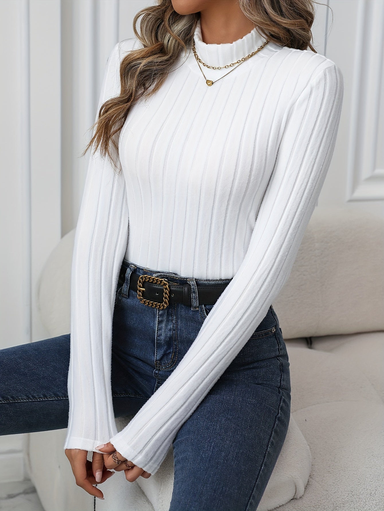 Solid Color Mock Neck Ribbed T-shirt, Elegant Long Sleeve Slim Fit Versatile Top, Women's Clothing