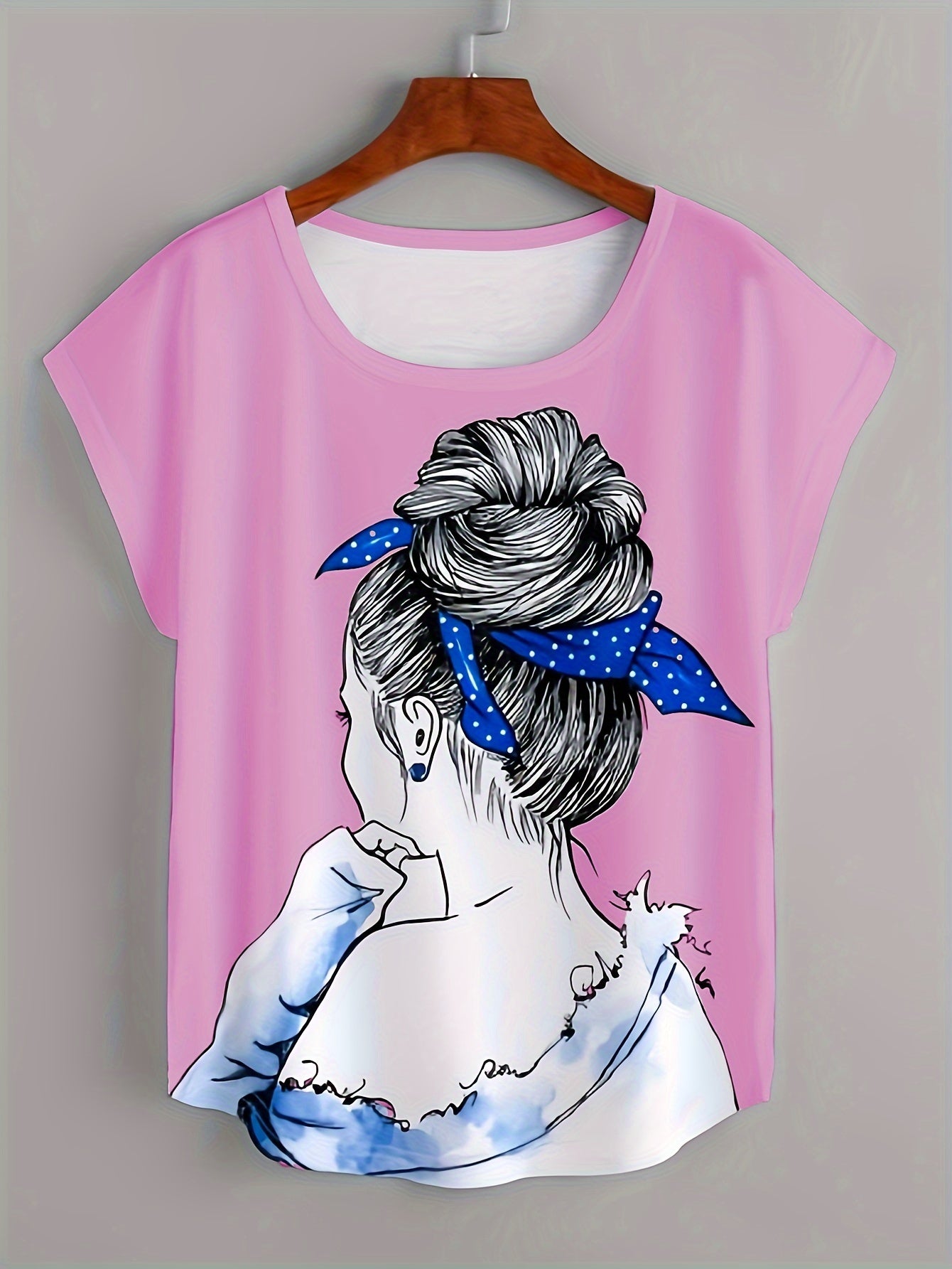 Portrait Print T-shirt, Casual Short Sleeve Crew Neck Top For Spring & Summer, Women's Clothing