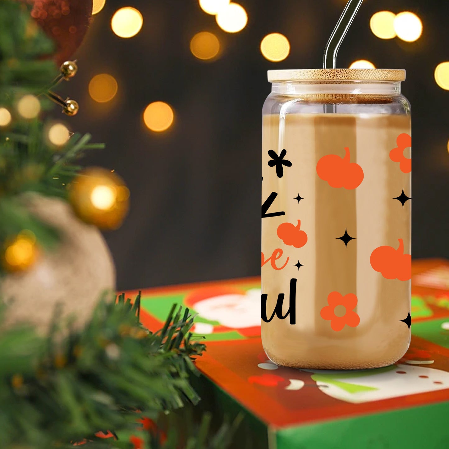 Thanksgiving 16oz Glass Tumbler with Lid & Straw - Pumpkin Floral UV Print, Perfect for Iced Coffee & Soda, Ideal Holiday Gift