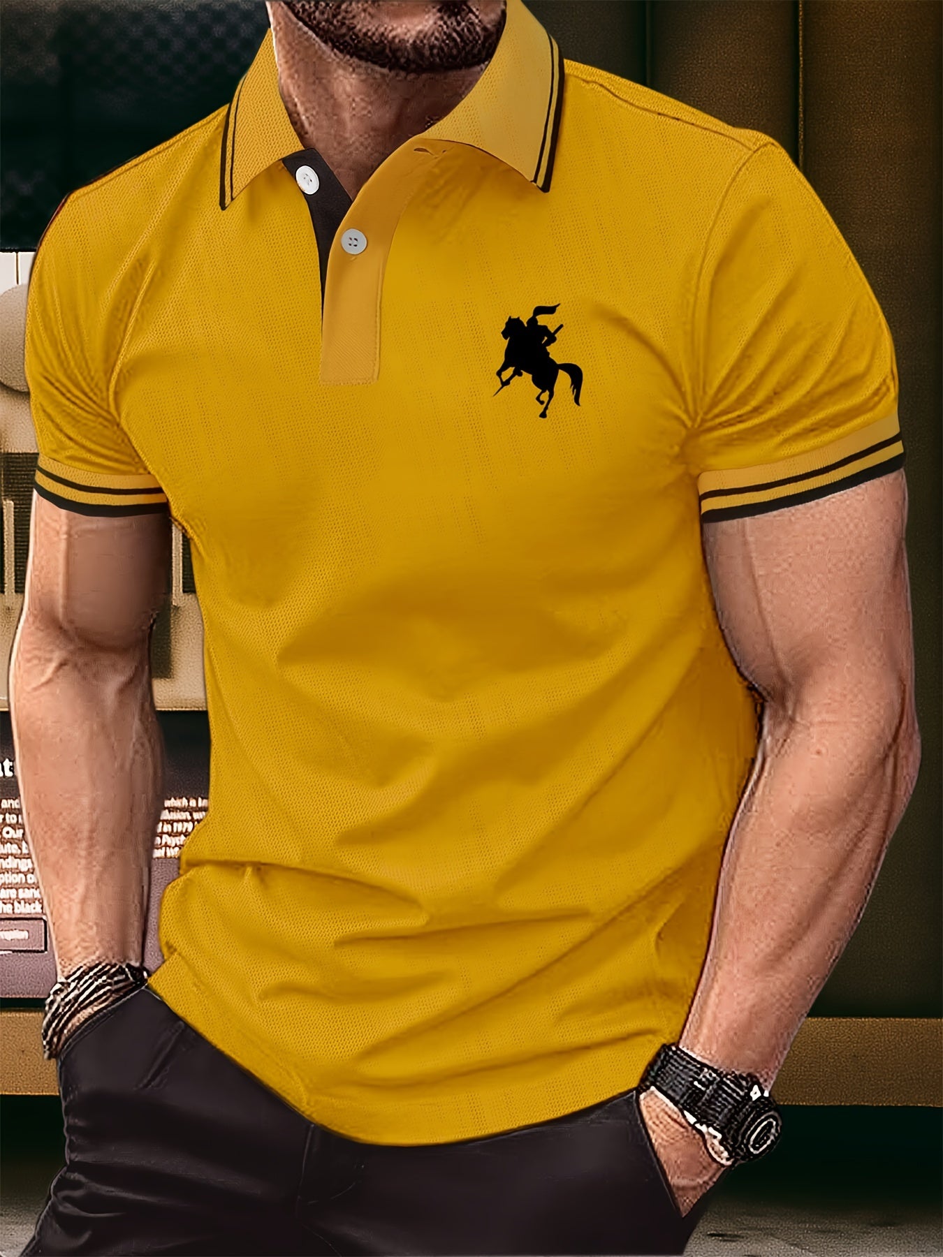 Men's Summer Fashion, Horse Riding Knight Pattern Short Sleeve Lapel Collar Henley Shirt, Chic And Trendy Golf Tops For Business And Outdoors Sports Wear