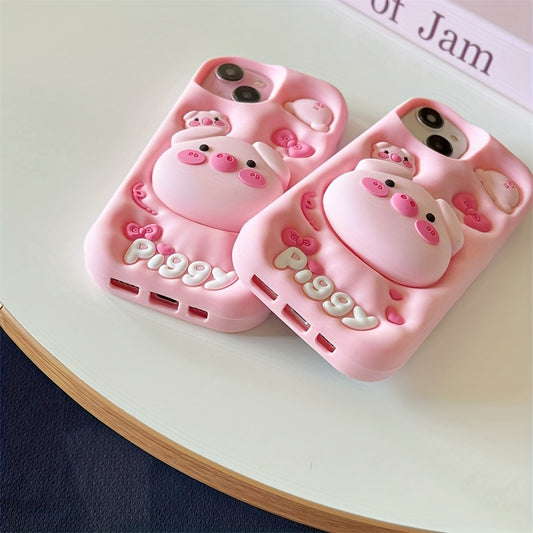 Cartoon Pig Silicone Phone Case with Stand for Apple, Cute 3D Piggy Design, Soft Protective Cover with Pop-Out Holder - Compatible with iPhone Models