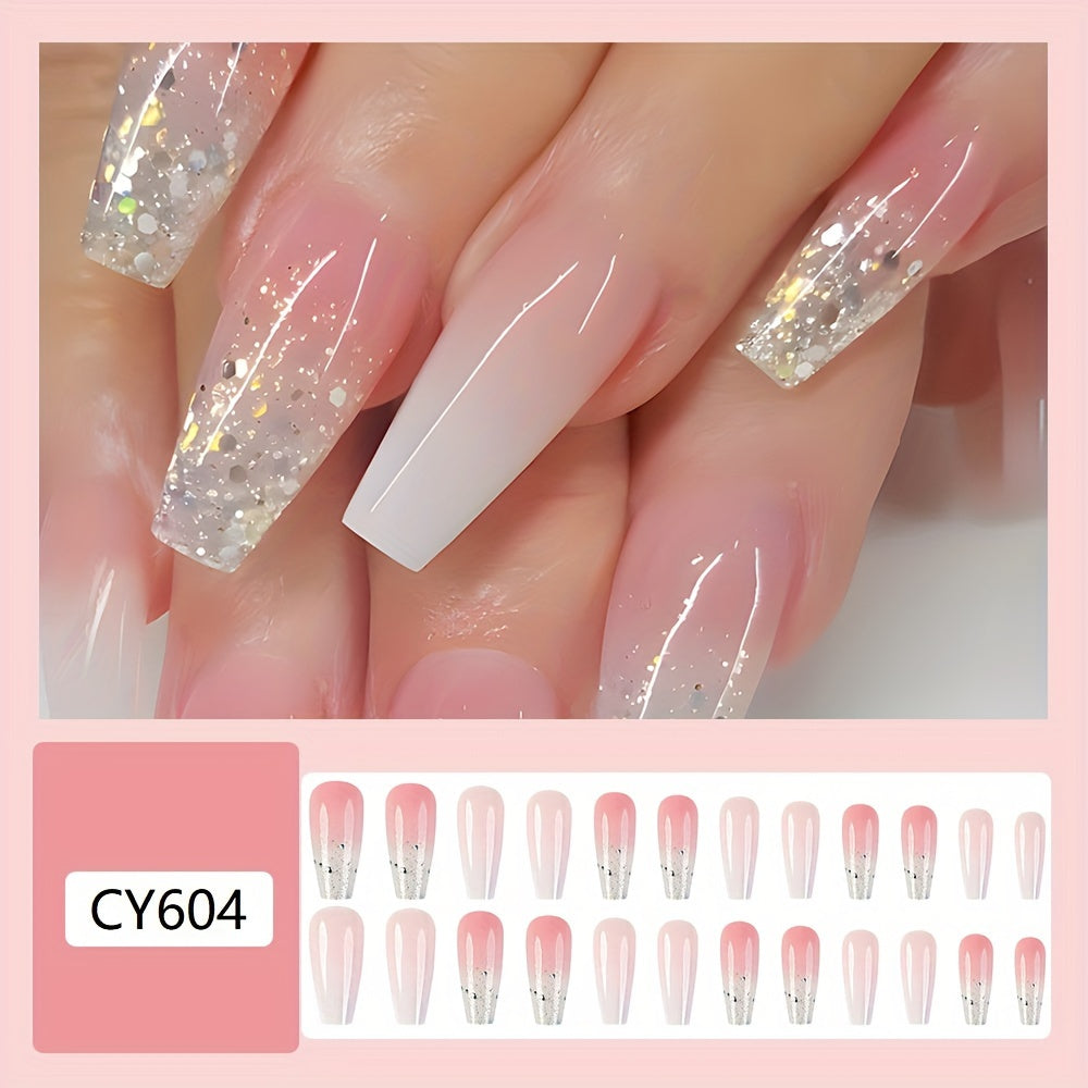 24pcs Set of Long Ballerina Press-On Nails in Pink Gradient with Sparkling Glitter - Glossy Finish, Perfect for Hands & Feet Care