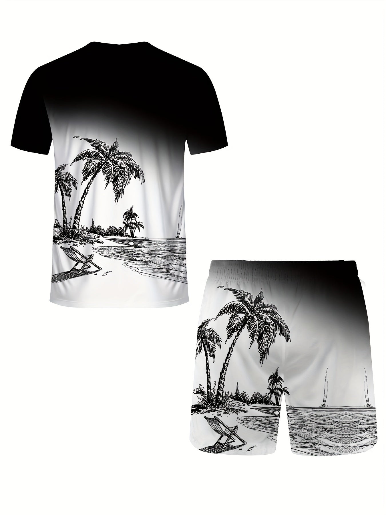 2-piece Men's Summer Short Sleeve Shorts Set, Novelty Gradient Coconut Tree Pattern Print Men's Short Sleeve Crew Neck T-shirt & Matching Pattern Shorts