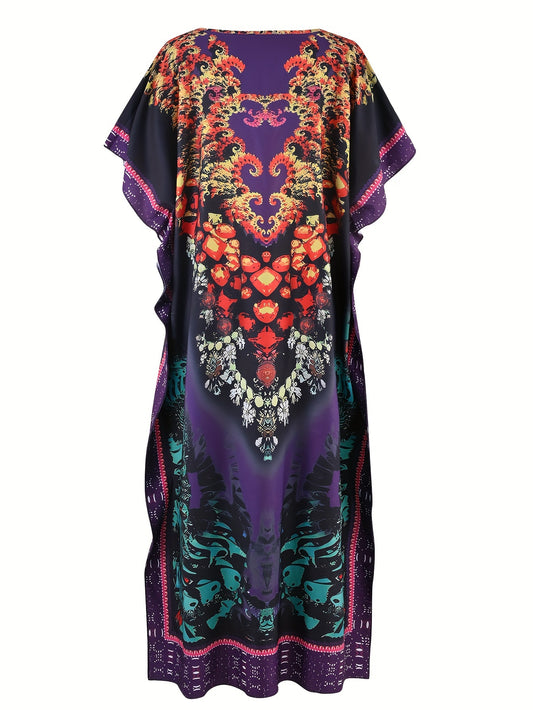 Allover Print V Neck Kaftan, Elegant Batwing Sleeve Maxi Dress, Women's Clothing