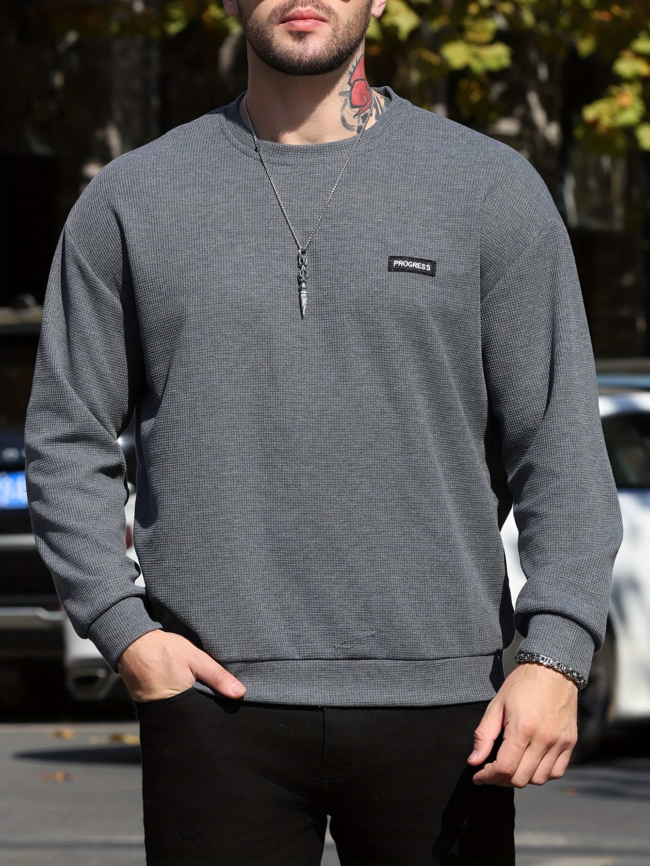Men's Progress Print Sweatshirt, Casual Breathable Crew Neck Slim-fit Long Sleeve Top For Outdoor