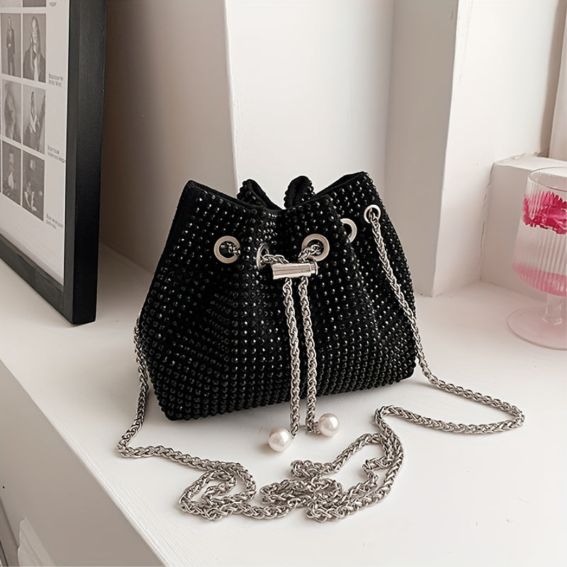 Chic Glitter Evening Clutch with Chain Strap - Drawstring Bucket Bag for Women, Perfect for Parties & Casual Outings, Available in Silvery/Black