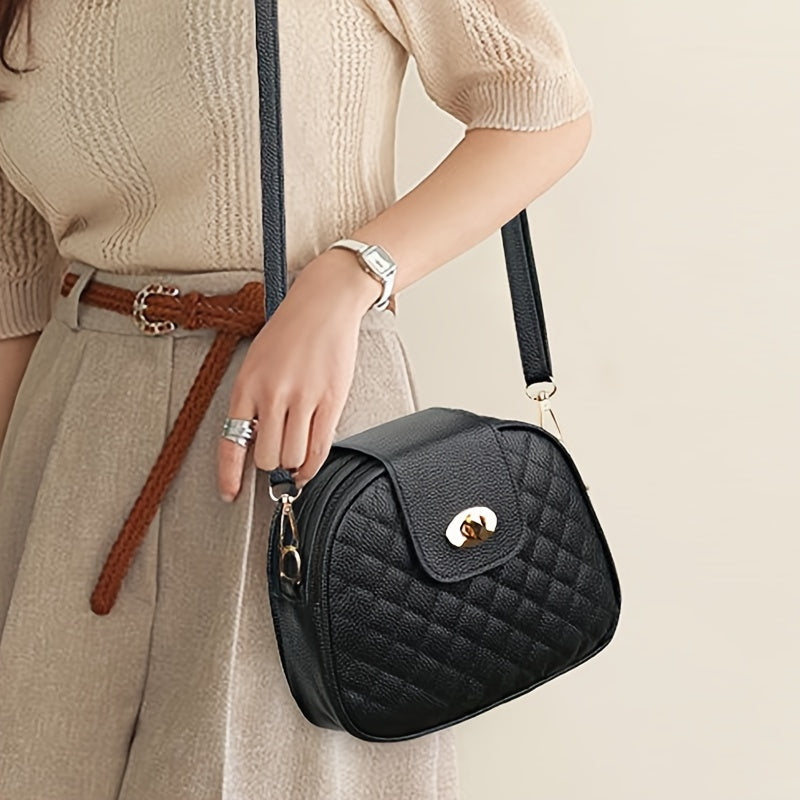 1pc Quilted Crossbody Bag, Casual & Chic Style PU Leather Bag, Round Shoulder Bag With Embroidery Detail