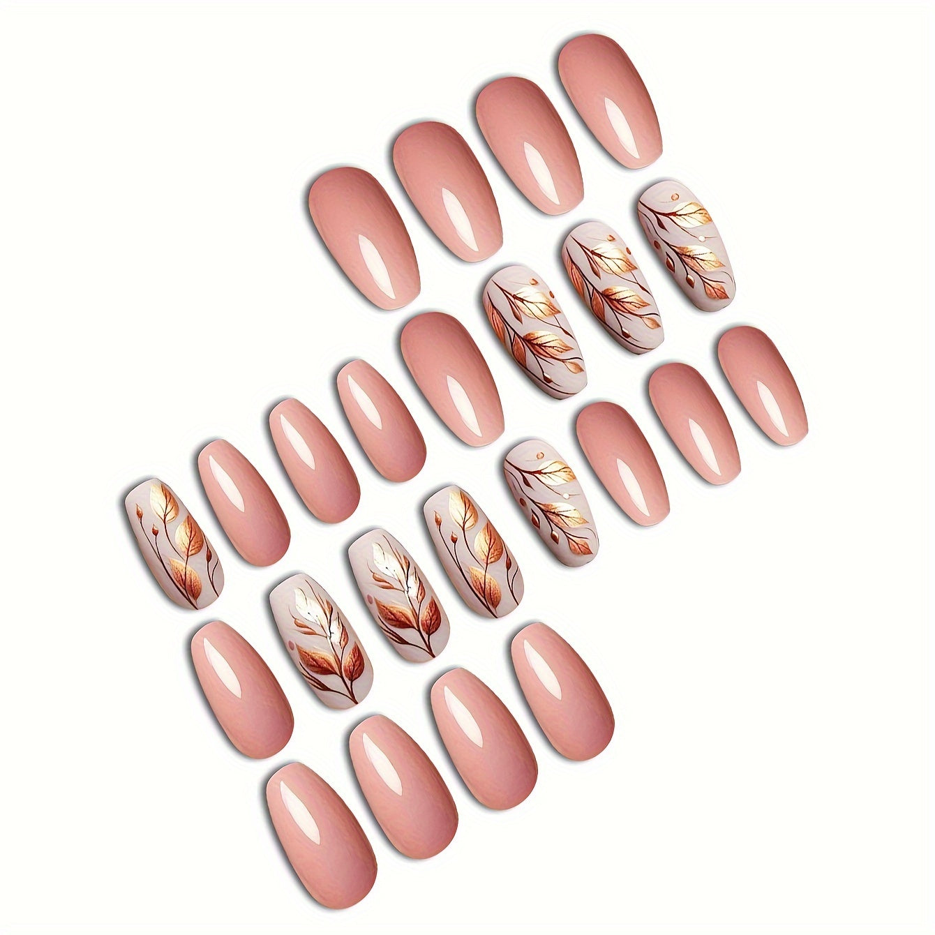 A box of 24pcs of fake nails, gentle and fashionable, French autumn fallen leaves dusk branches, light brown, removable, suitable for all girls and ladies to wear, with a free gel nail file