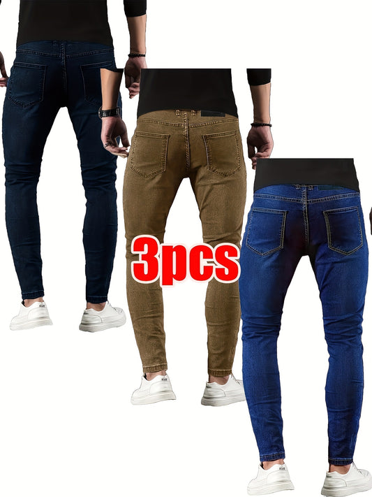 3pcs Men's Slim Fit Stretch Jeans - Casual Street Style Denim in Solid Colors, Cotton Blend